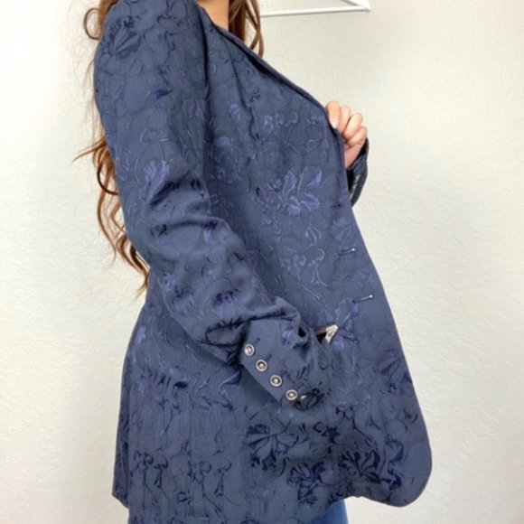 Free People Navy Blue Jacquard Lace Corset Back Victorian Boho buttoned Blazer - Picture 6 of 14